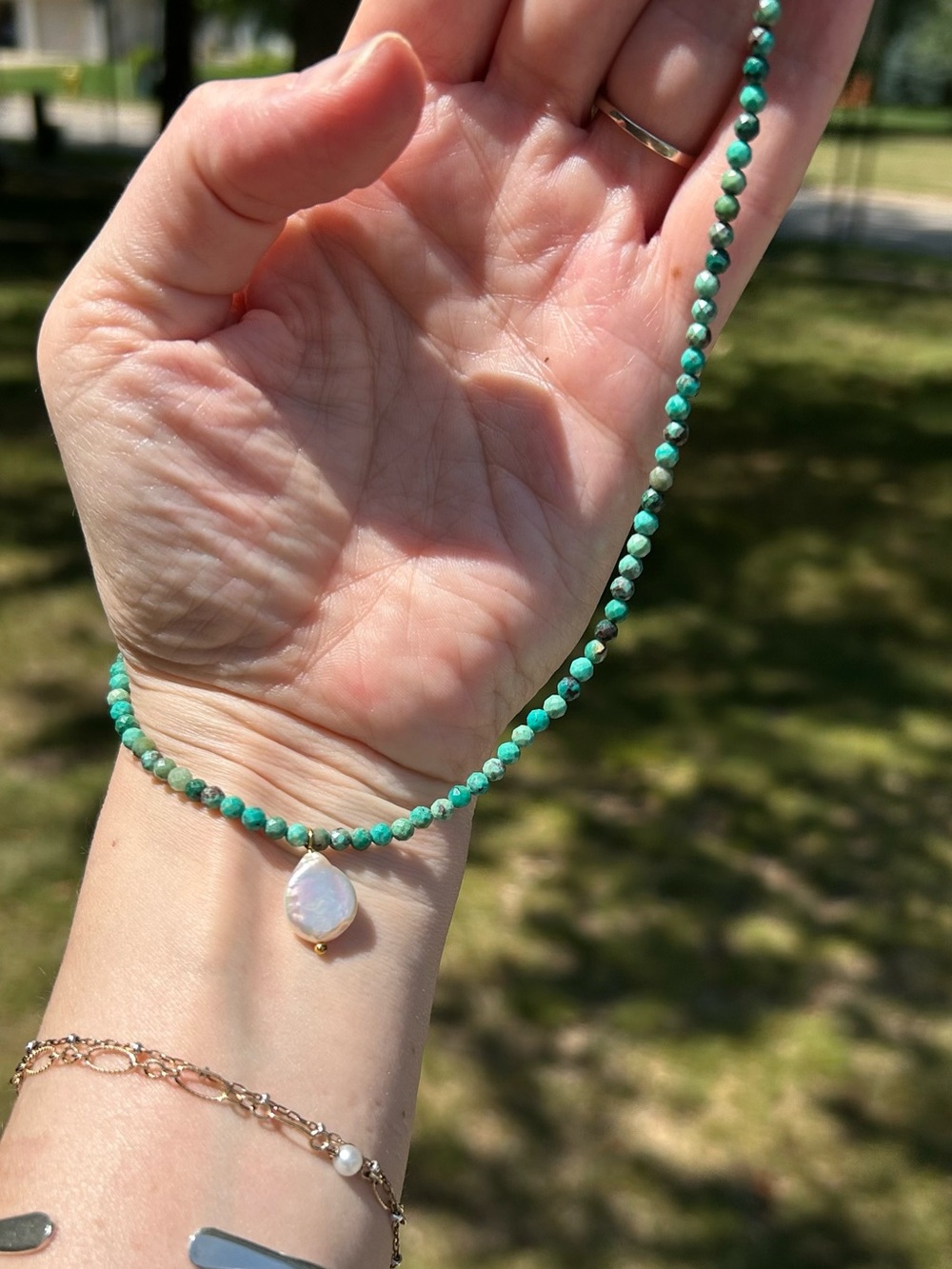 Turquoise Beaded Necklace with freshwater Pearl Pendant